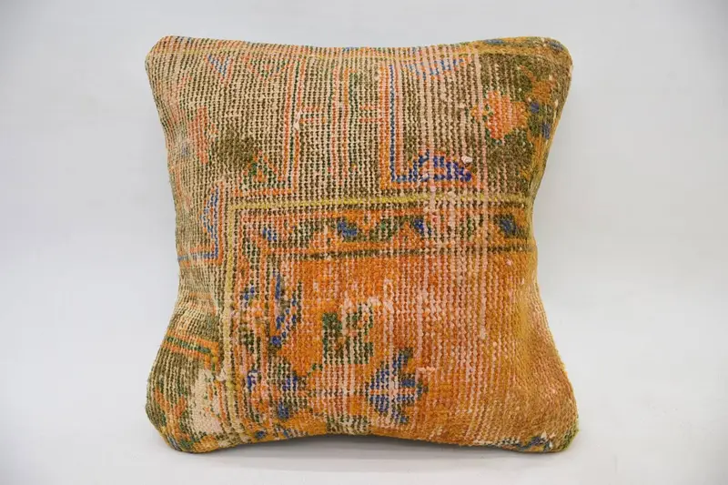 Pattern Throw Pillow Cover, Home Decor Pillow, Seat Pillow Sham, Kilim Pillow, Ethnical Kilim Rug Pillow, 16x16 Orange Pillow Case, Pillow Case - 1