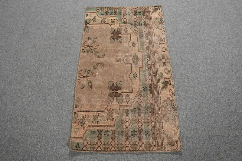 2x3.8 ft Oushak Rug, Turkish Vintage Rug, Brown Green Ombré Rug - 1