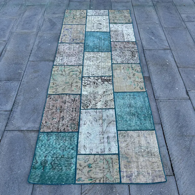 2.9x7.5 ft Turkish Rug, Oushak Rug, Blue Animal Print Rug Wool - 1