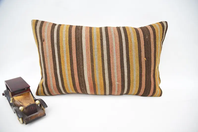 Striped Brown Throw Pillow, Antique 12x20 inch Wool Euro Sham - 1