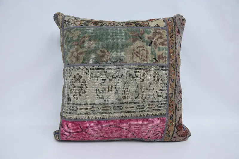 Home Decor Turkish Beige Pillowcase, Antique 28x28 inch Striped Large Square Pillow - 1