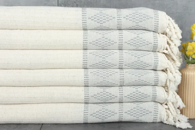 Kilim Design Throw Dark Gray Linen Throw, Embroidered Chevron Pattern, 87x99 Inches