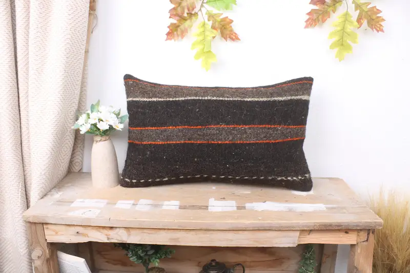 Pillow, Turkish Kilim Pillow, Natural Pillow Sham, Vintage Kilim Pillow, Vintage Kilim Pillow Pillow, Boho Pillow, Bed Cushion, 12x20 Brown Pillow - 1