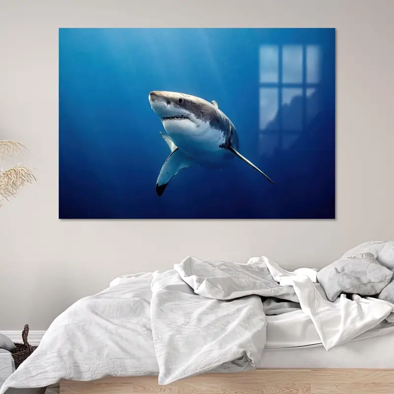 Lienzo moderno para dormitorio de granja: hermosa escena submarina de tiburones