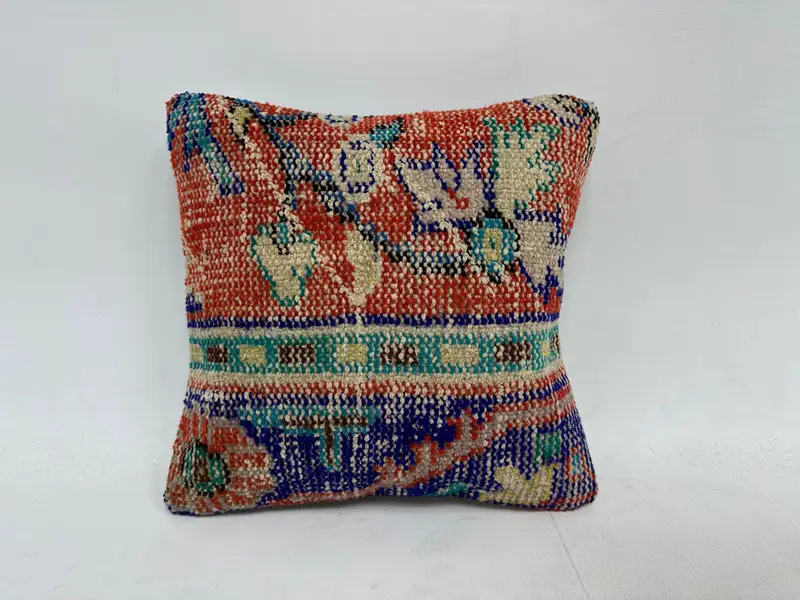 Vintage Kilim Throw Pillow, 14x14 Red Pillow Cover, Neutral Cushion Cover, Interior Designer Pillow, Cushion Case, Ethnical Kilim Rug Pillow - 1