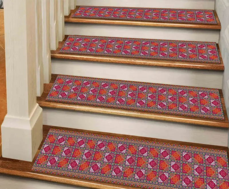 Red Geometric Printed Rug: Ethnic Kilim Design for Stairs