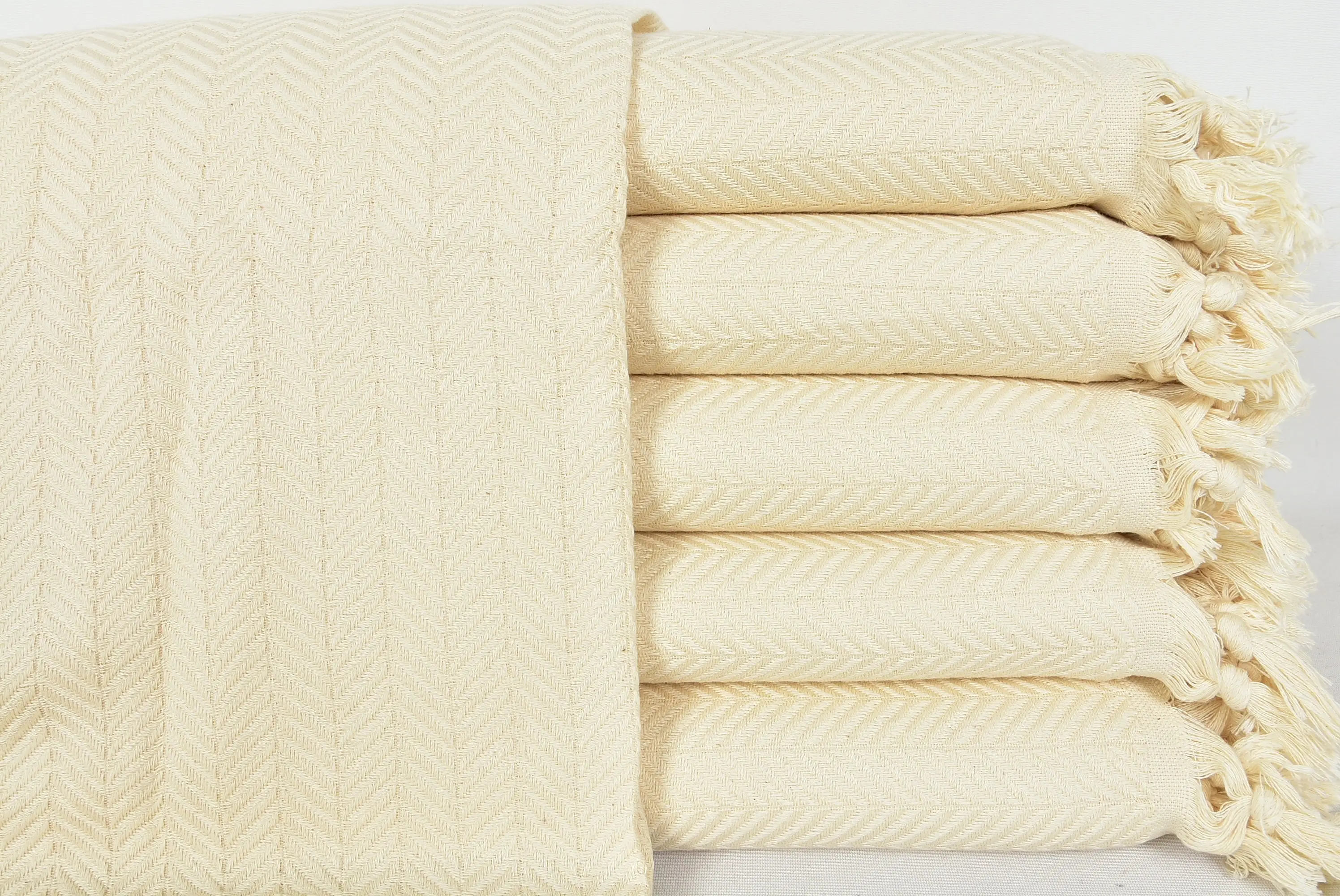 Natural Cotton Blanket Herringbone Beige Chevron 78x94 Inches - 1