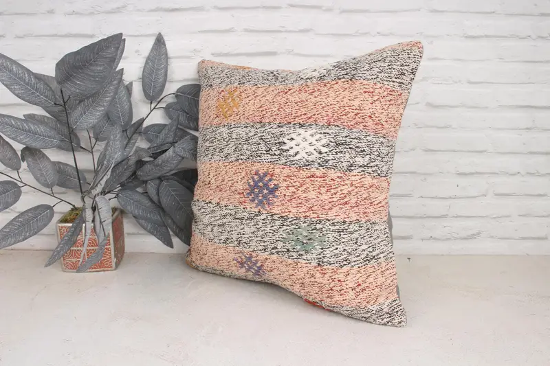 Antique Pillows, Turkish Kilim Pillow, Handmade Kilim Cushion, Nomadic Cushion, Pillow, 20x20 Pink Pillow Case, Square Throw Cushion Cover - 4