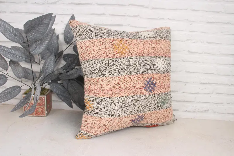 Antique Pillows, Turkish Kilim Pillow, Handmade Kilim Cushion, Nomadic Cushion, Pillow, 20x20 Pink Pillow Case, Square Throw Cushion Cover - 3