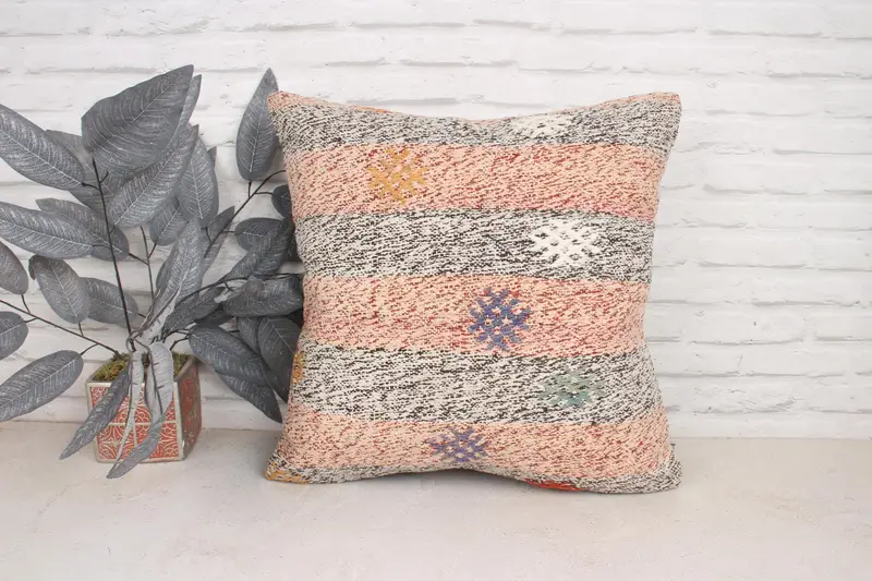 Antique Pillows, Turkish Kilim Pillow, Handmade Kilim Cushion, Nomadic Cushion, Pillow, 20x20 Pink Pillow Case, Square Throw Cushion Cover - 1