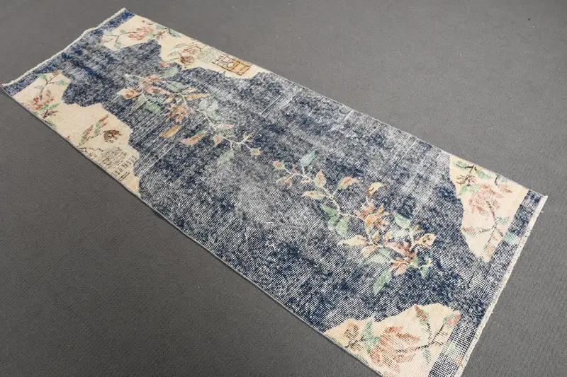 Vintage Rug, Runner 2.6x6.9 ft Rug, Oushak Blue Plants & trees Rug - 1