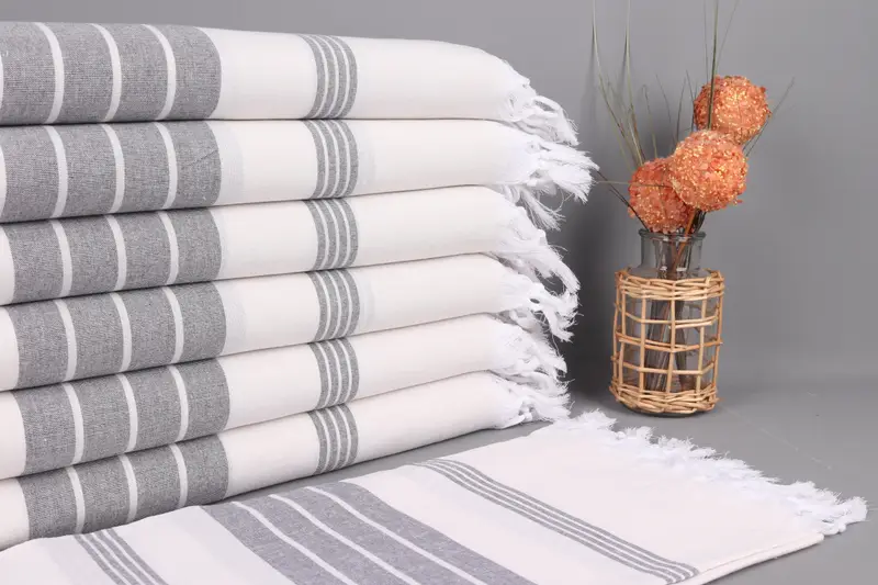 Turkish Beach Towel Personalized Natural-Gray Striped, 40x71 Inches