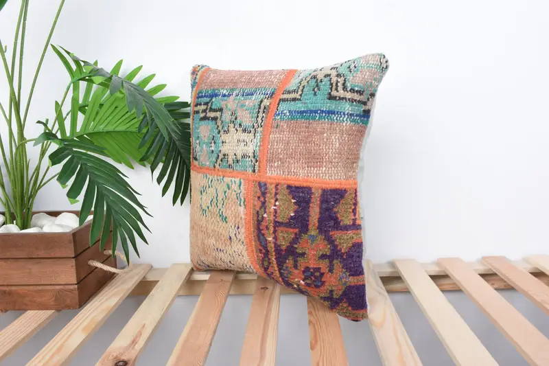 Turkish Rugs Pillow Sham, Kilim Cushion Sham, Pillow for Sofa, Kilim Pillow Cover, Cotton Pillow Case, Pillow Sham, 16x16 Green Pillow Case - 5