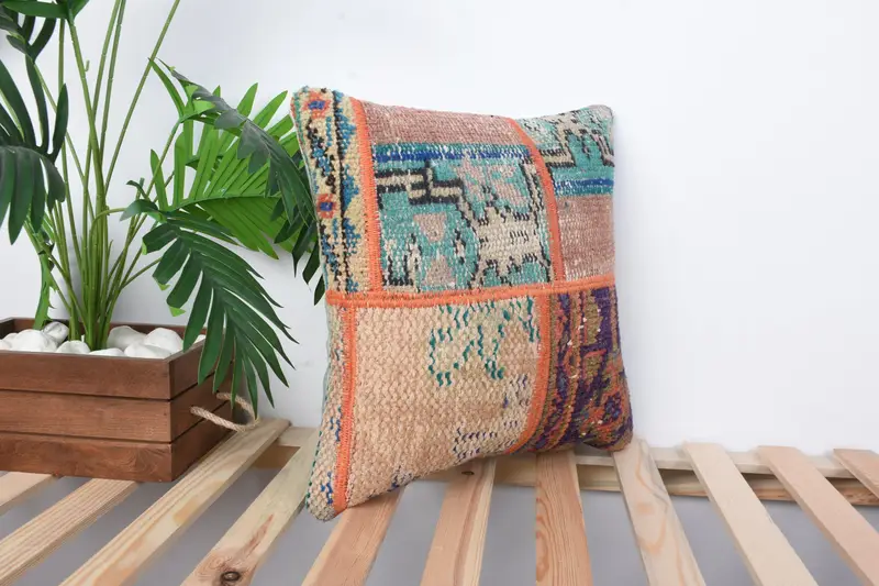 Turkish Rugs Pillow Sham, Kilim Cushion Sham, Pillow for Sofa, Kilim Pillow Cover, Cotton Pillow Case, Pillow Sham, 16x16 Green Pillow Case - 4