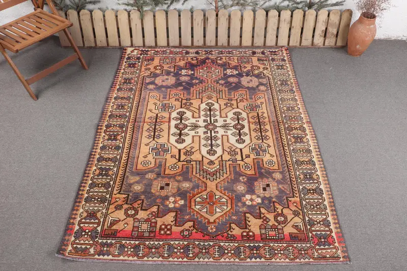 Alfombra naranja y azul hecha a mano, diseño botánico de 5,1x6,5 pies