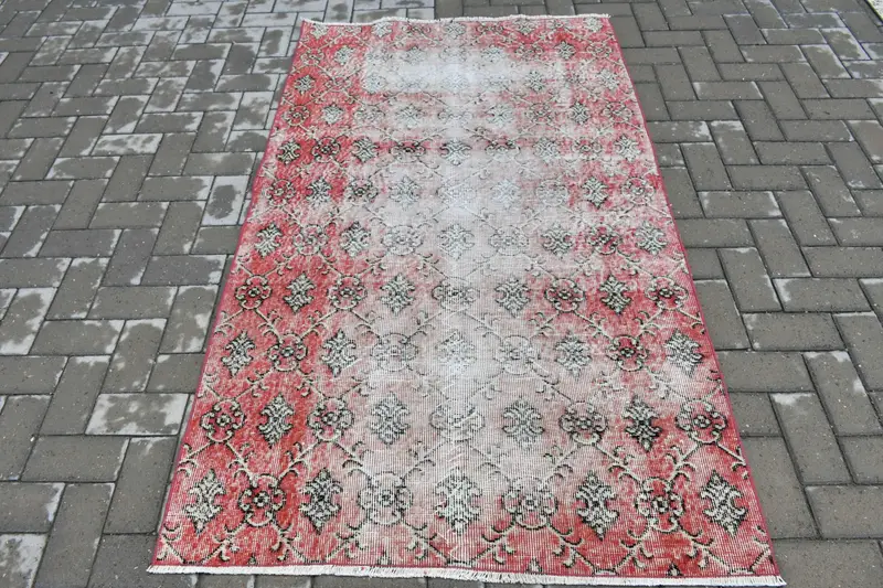 3.7x6.2 ft Halı, Vintage Oushak Halı, Türk Kırmızı Yün Bordürlü Halı - 1