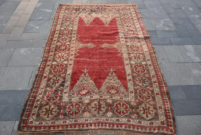 Turkish Vintage Rug, 4.2x6.7 ft Oushak Rug, Red Southwestern Wool Rug - 1