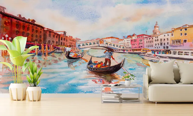 Abstraktes Hintergrund, benutzerdefiniertes Handy, modernes Handlungenpapier, Papierwandkunst, Blick auf Wandmalerei, Venedigkanalmalerei, Italien Wanddruck, - 2