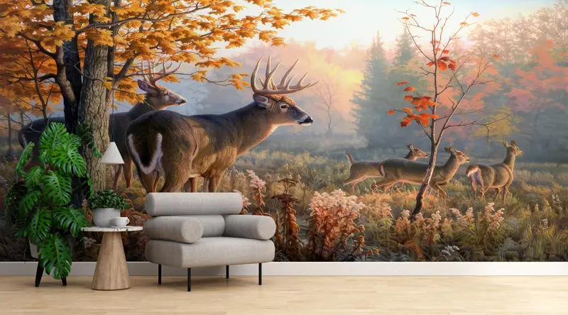 Deer Wall Decals, Forest Wall Decor, Deer Family in Forest Wallpaper, Animal Wall Poster, Stick On Wallpaper Art Deco, Gift For Her, - 3