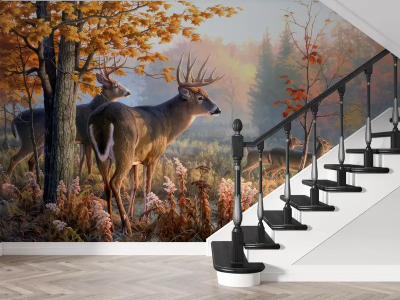Deer Wall Decals, Forest Wall Decor, Deer Family in Forest Wallpaper, Animal Wall Poster, Stick On Wallpaper Art Deco, Gift For Her, - 4