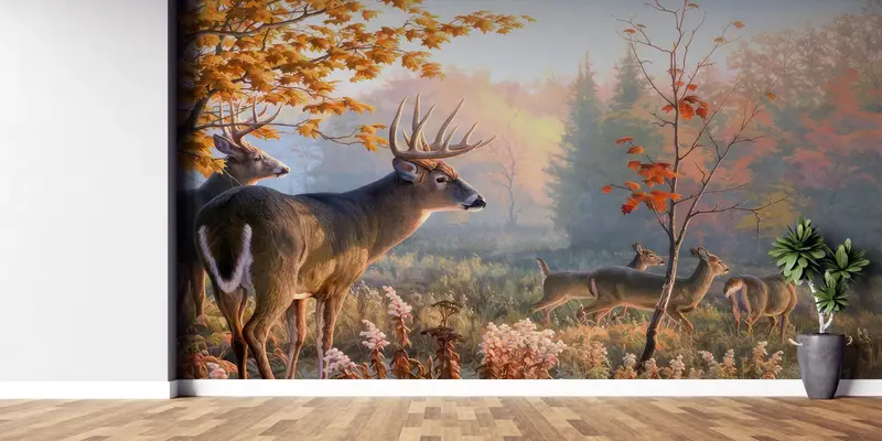 Deer Wall Decals, Forest Wall Decor, Deer Family in Forest Wallpaper, Animal Wall Poster, Stick On Wallpaper Art Deco, Gift For Her, - 1