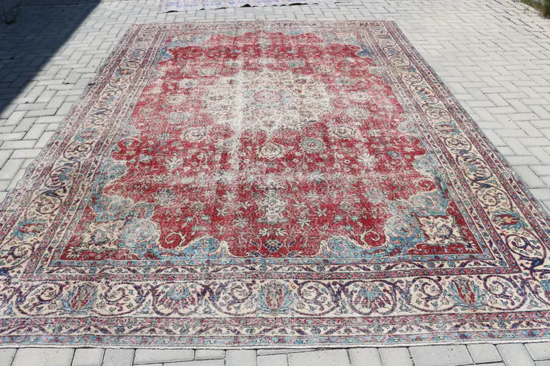 Vintage 8.6x12 ft Rug, Oversize Turkish Rug, Red Blue Striped Rug - 1