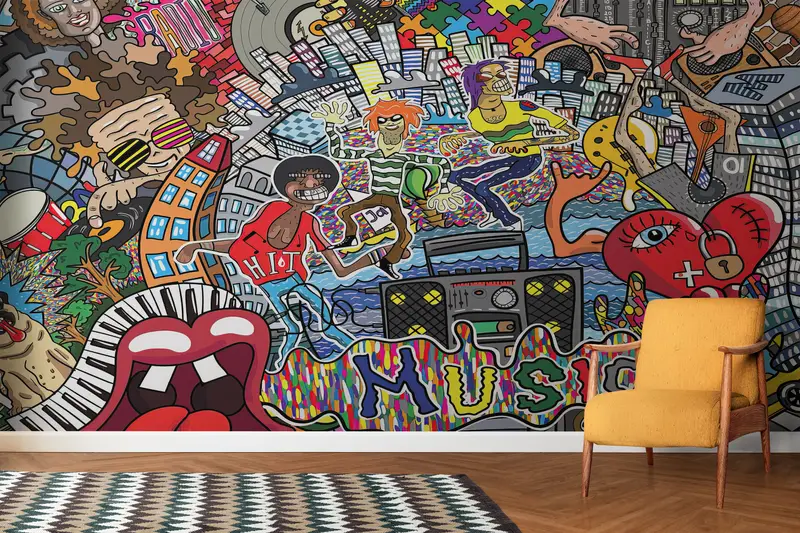 Wall Paper Peel and Stick,Colorful Wall Art,Bright Wall Paper,Music Graffiti Wall Painting,Custom Wall Paper,Music Wall Print, - 2