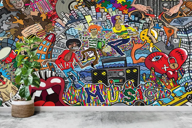 Wall Paper Peel and Stick,Colorful Wall Art,Bright Wall Paper,Music Graffiti Wall Painting,Custom Wall Paper,Music Wall Print, - 4