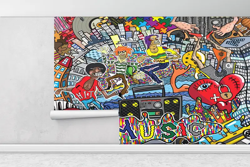 Wall Paper Peel and Stick,Colorful Wall Art,Bright Wall Paper,Music Graffiti Wall Painting,Custom Wall Paper,Music Wall Print, - 7