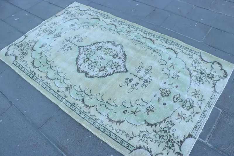 Turkish Area Rug 3.9x6.6 ft, Vintage Green Oriental Wool Rug