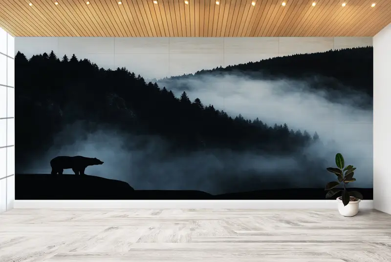 Zarif Baskılı Duvar Kağıdı: Vahşi Manzara Ayı Siluet Dekor