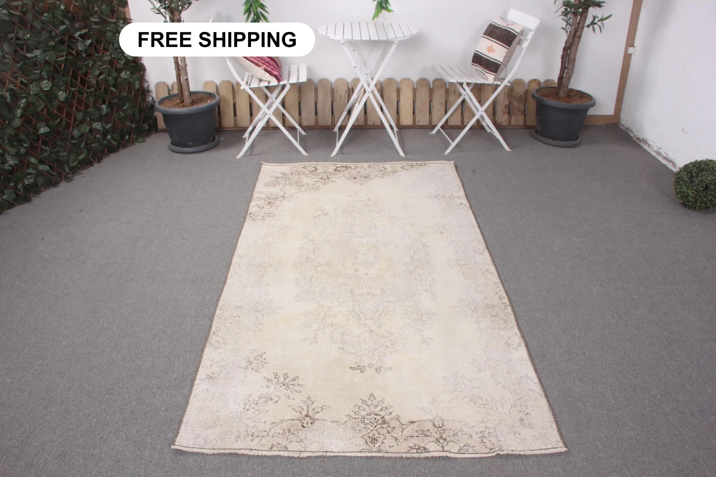 3.7x6.8 ft Area Turkish Rug, Vintage Rug, White Brown Southwestern Wool Rug - 1