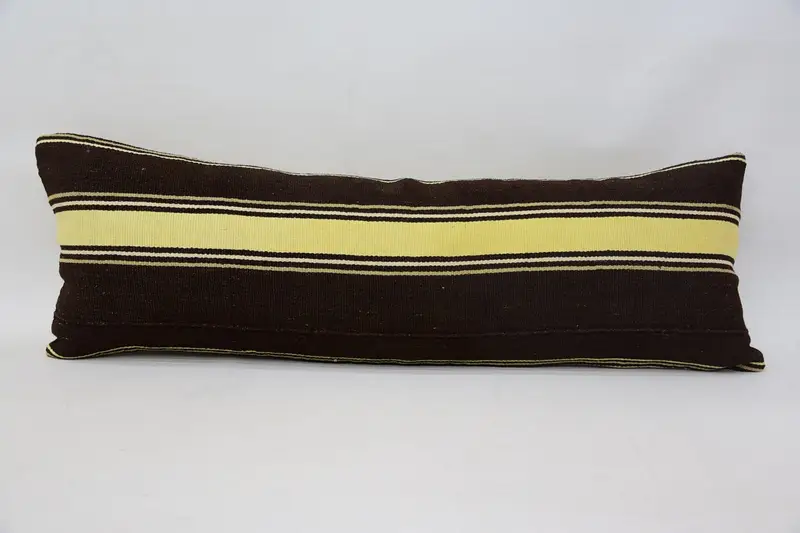 Funda de cojín lumbar larga turca, decoración navideña, funda de almohada marroquí de 12x35 pulgadas, color marrón a rayas - 1