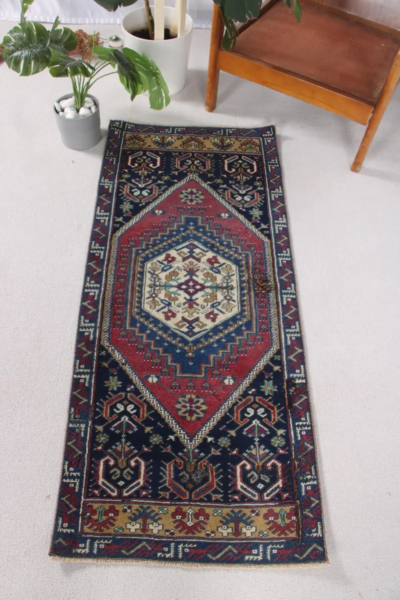 2,1x5 ft Blue Moroccan Rug, Elegant Purple Accents