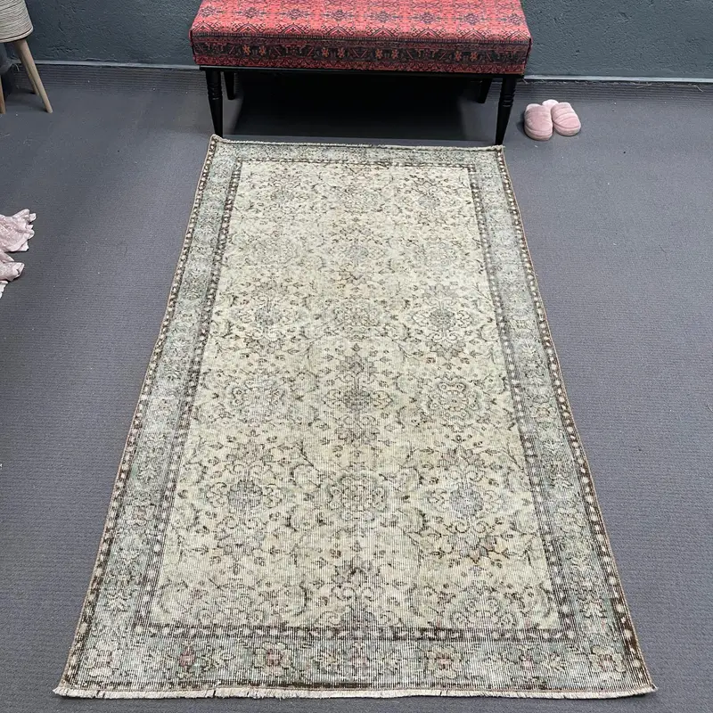 Vintage Türk Alan Halısı 3.8x6.8 ft, Gri Kahverengi Katı Yün Halı - 1