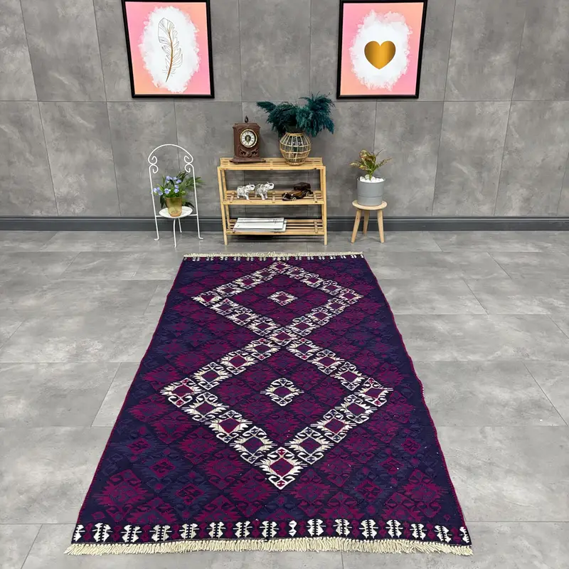3.4x6.6 ft Turkish Rug, Kilim Rug, Purple Striped Rug Wool - 1