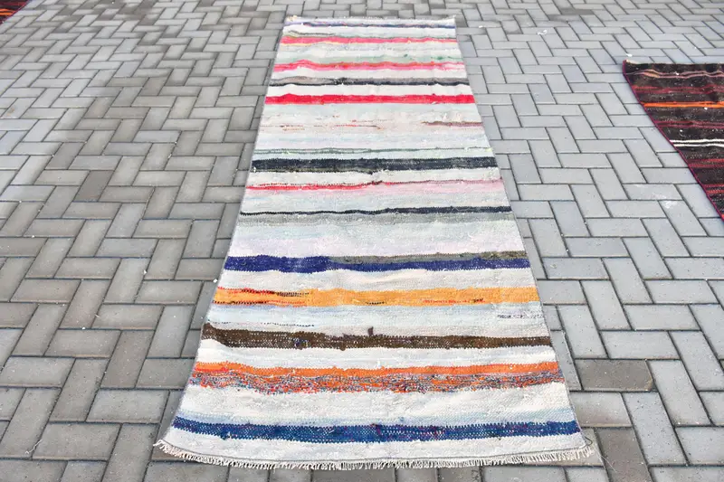 3.37x9 ft Vintage Türk Halısı, Yolluk Halısı, Mavi Beyaz Bitkiler ve ağaçlar Yün Halı - 1