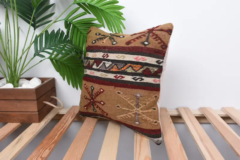 Kilim Pillow, Vintage Kilim Pillow, Retro Throw Pillow, 14x14 Brown Cushion Case, Cushion Case, Boho Pillow, Retro Throw Pillow Cover - 5