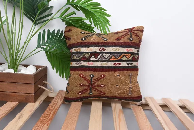 Kilim Pillow, Vintage Kilim Pillow, Retro Throw Pillow, 14x14 Brown Cushion Case, Cushion Case, Boho Pillow, Retro Throw Pillow Cover - 1