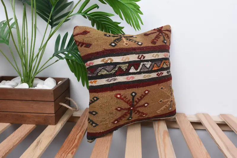 Kilim Pillow, Vintage Kilim Pillow, Retro Throw Pillow, 14x14 Brown Cushion Case, Cushion Case, Boho Pillow, Retro Throw Pillow Cover - 4