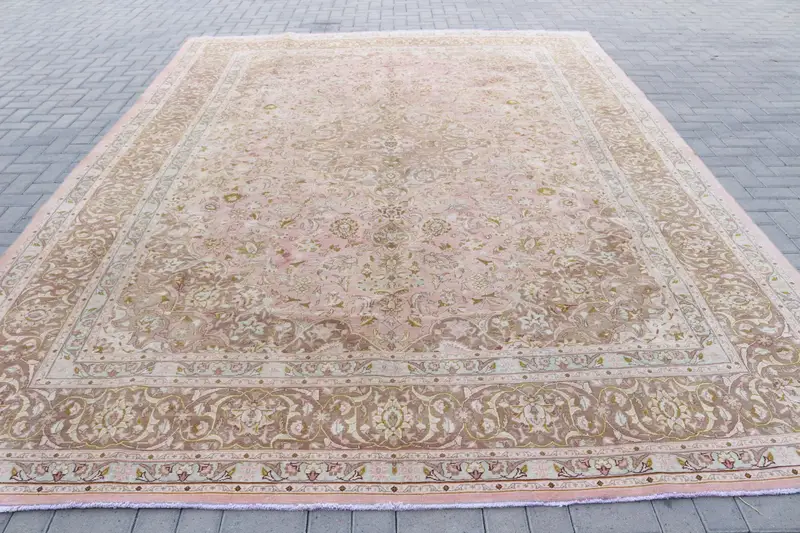 9.5x12.8 ft Büyük Boy Türk Vintage Halısı, Pembe Çiçekli Yün Halı - 1