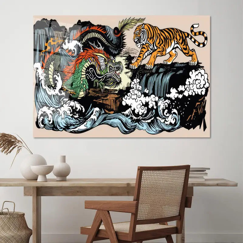 陰陽龍虎キャンバス：鮮やかなアートの調和