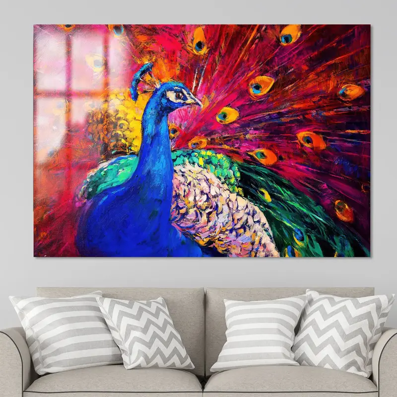 エレガントでカラフルな孔雀プリントキャンバス - 鮮やかなウォールアート
