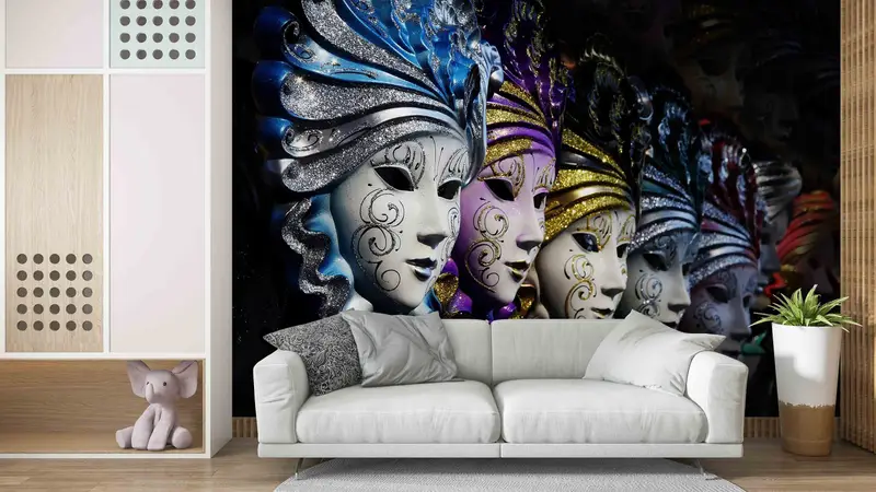 Moderne Wanddekoration, Venedigmasken Wanddruck, traditionelles Maskenpapierhandwerk, venezianische Masken Wandmalerei, abnehmbares Wanddekor, Masken Wandkunst - 2
