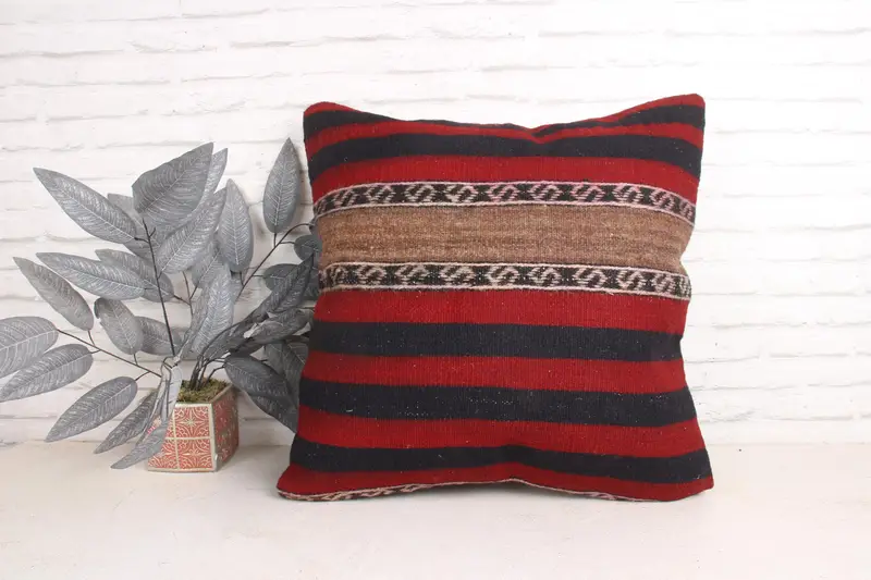 Cushion, Boho Pillow Sham Cover, Turkish Pillow, Seat Pillow Case, 24x24 Red Pillow Cover, Tapestry Pillow, Kilim Cushion Sham - 1