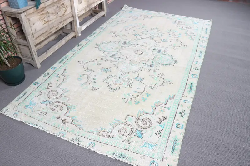 Turkish Rug, 4.9x8.9 ft Large Vintage Rug, Oushak White Blue Southwestern Rug - 1