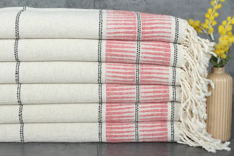 Beach Towel Turkish Organic Cotton Red Stripes, 40x71 Inches