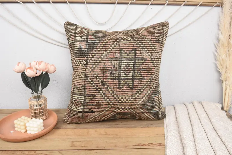 Throw Kilim Pillow, Pillow for Couch, Boho Pillow Sham Cover, Pillow Case, Vintage Kilim Pillow Pillow Sham, 24x24 Pink Pillow Case - 2