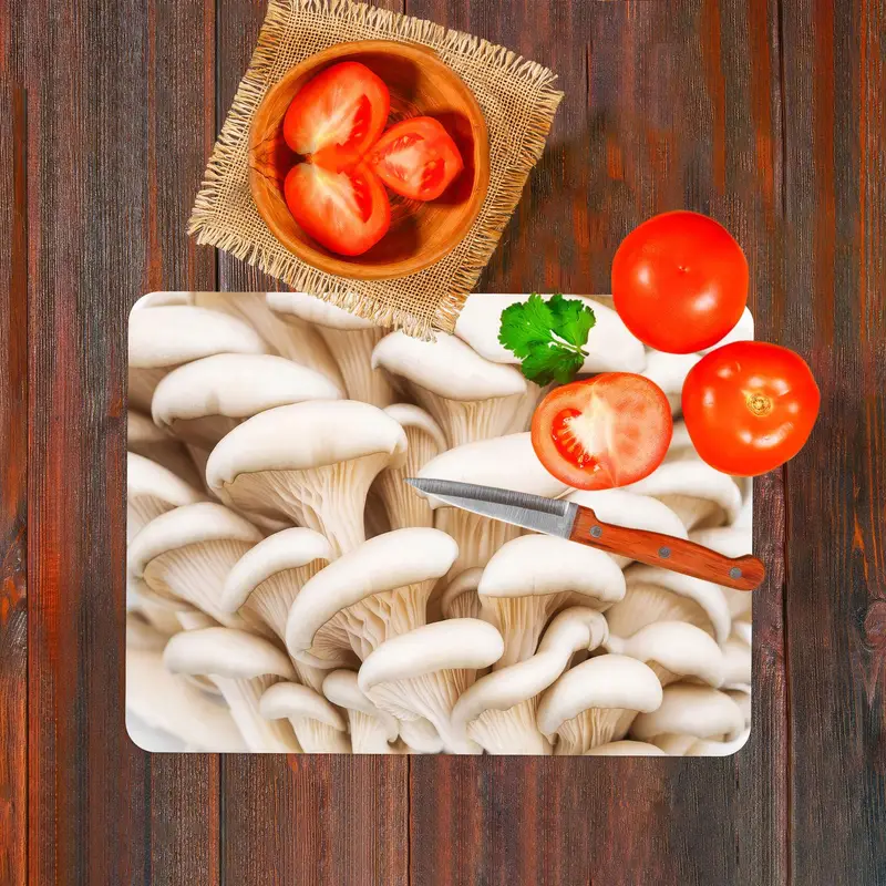 Mushroom-Patterned Glass Cutting Board, White, Beige, Kitchen Essential