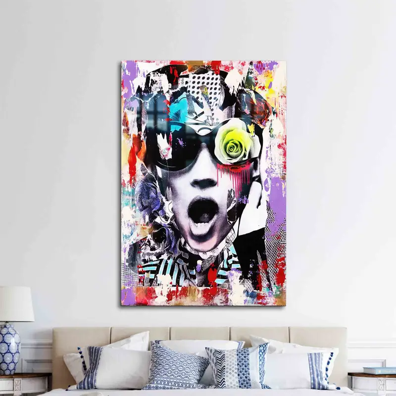 Contemporary Colorful Woman Graffiti Printed Glass - Modern Elegance
